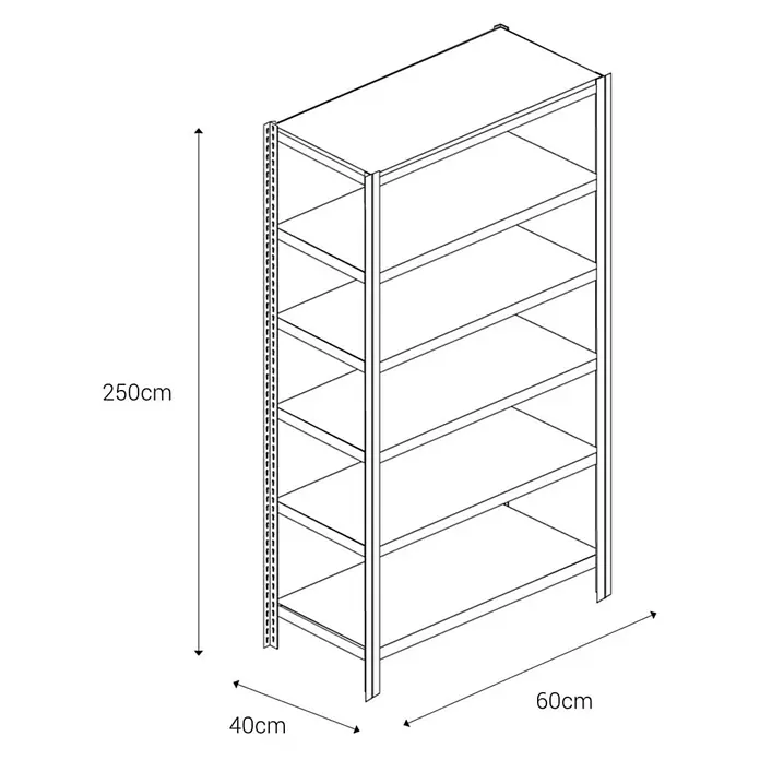 AR Shelving Metallregal T-Profil Grundelement - H x B x T: 250 x 60 x 40 cm, Traglast pro Boden: 250 kg, Anzahl Böden: 6 Stk., Stecken, Blau - Darstellung eines Regalsystems mit fünf Ablagen und den Maßen 250cm Höhe, 60cm Breite und 40cm Tiefe.