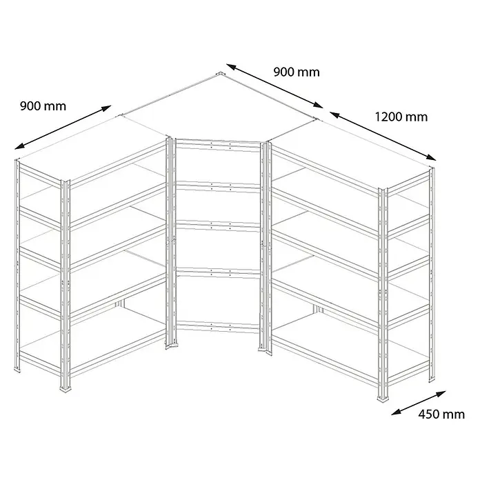 AR Shelving Schwerlastregal Rivet - H x B x T: 180 x 210 x 45 cm, Traglast pro Boden: 175 kg, Anzahl Böden: 15 Stk., Stecken, Silber - Das Bild zeigt ein Eckregal mit den Maßen 900 mm, 1200 mm und 450 mm, ideal für die Lagerung in Ecken. Praktisch und platzsparend.