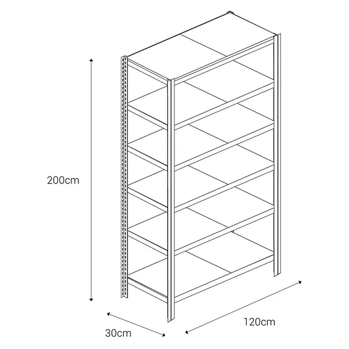 AR Shelving Metallregal T-Profil Grundelement - H x B x T: 200 x 120 x 30 cm, Traglast pro Boden: 250 kg, Anzahl Böden: 6 Stk., Stecken, Blau - Abbildung eines Regals mit fünf Ebenen und den Maßen 200 cm Höhe, 120 cm Breite und 30 cm Tiefe.