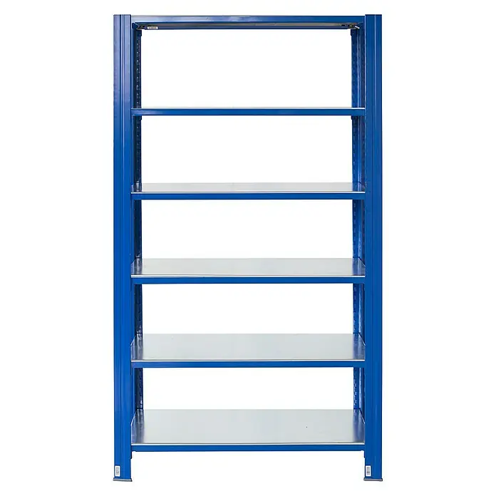 AR Shelving Metallregal T-Profil Grundelement - H x B x T: 250 x 60 x 40 cm, Traglast pro Boden: 250 kg, Anzahl Böden: 6 Stk., Stecken, Blau - Regal mit 6 Böden in blauem Metall.