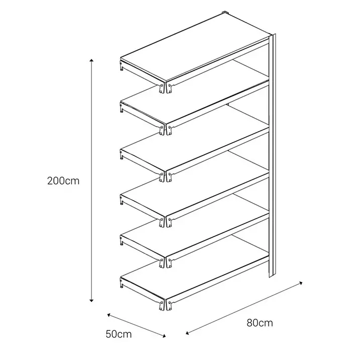 AR Shelving Metallregal T-Profil Anbauelement - H x B x T: 200 x 80 x 50 cm, Traglast pro Boden: 250 kg, Anzahl Böden: 6 Stk., Stecken, Blau - Abbildung eines Regalsystems mit fünf Regalböden, Maße: Höhe 200cm, Tiefe 50cm, Breite 80cm.