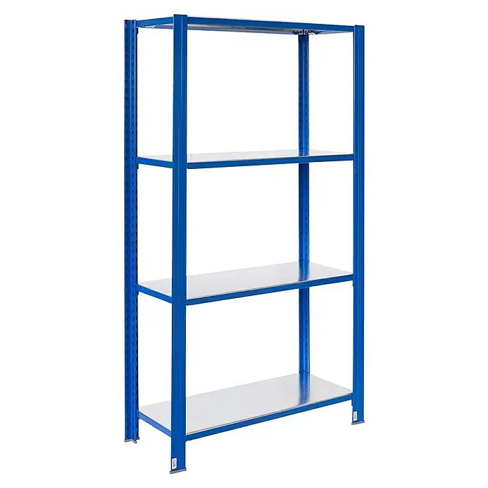 AR Shelving Metallregal T-Profil Grundelement - H x B x T: 250 x 100 x 40 cm, Traglast pro Boden: 250 kg, Anzahl Böden: 4 Stk., Stecken, Blau - Blaues Metallregal mit vier Regalböden, ideal zur Lagerung und Organisation von Gegenständen in Werkstatt oder Lagerraum.