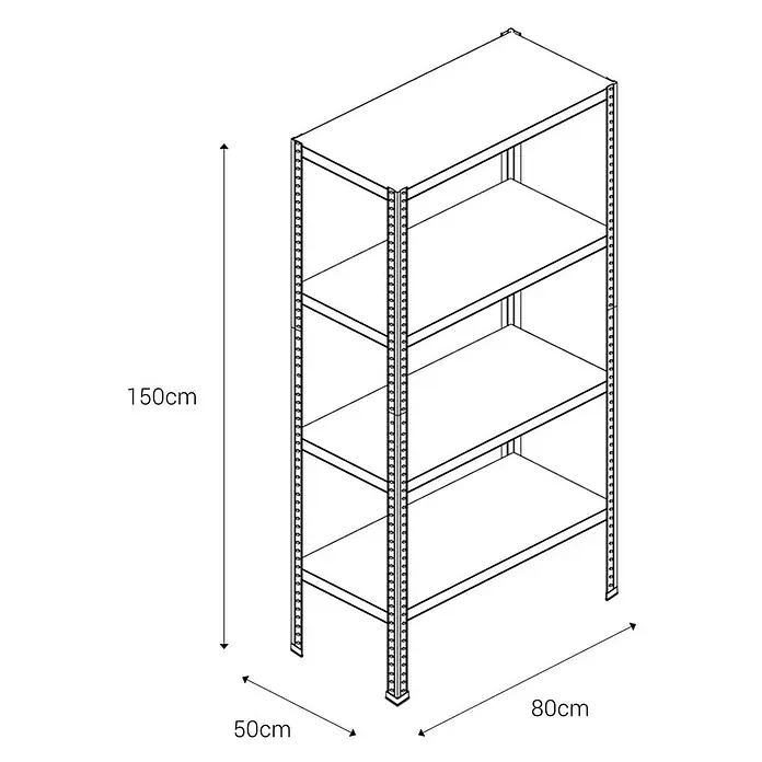 AR Shelving Metallregal - H x B x T: 150 x 80 x 50 cm, Traglast pro Boden: 100 kg, Anzahl Böden: 4 Stk., Schrauben, Silber - Abbildung eines Regals mit vier Ablagen und den Maßen 150 cm Höhe, 80 cm Breite und 50 cm Tiefe.
