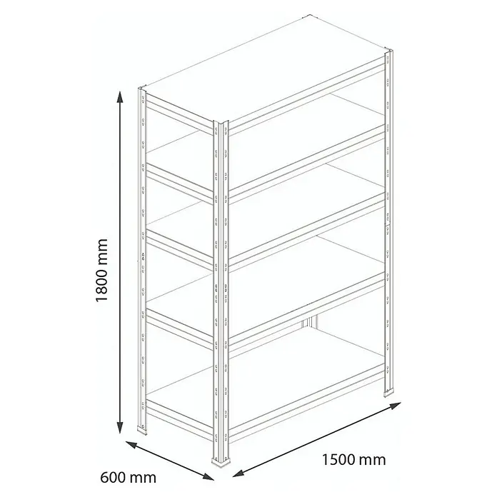 AR Shelving Schwerlastregal Rivet - H x B x T: 180 x 150 x 60 cm, Traglast pro Boden: 250 kg, Anzahl Böden: 5 Stk., Stecken, Silber - Abbildung eines Regals mit fünf Ebenen und den Maßen 1800 mm Höhe, 600 mm Tiefe und 1500 mm Breite.