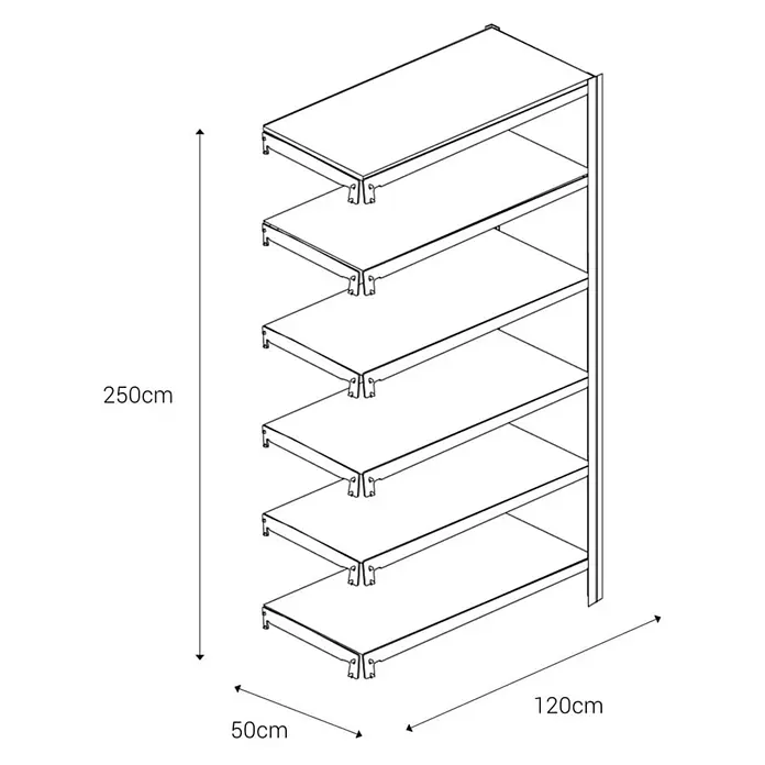AR Shelving Metallregal T-Profil Anbauelement - H x B x T: 250 x 120 x 50 cm, Traglast pro Boden: 250 kg, Anzahl Böden: 6 Stk., Stecken, Blau - Illustration eines Regalsystems mit fünf Regalböden und Maßangaben.