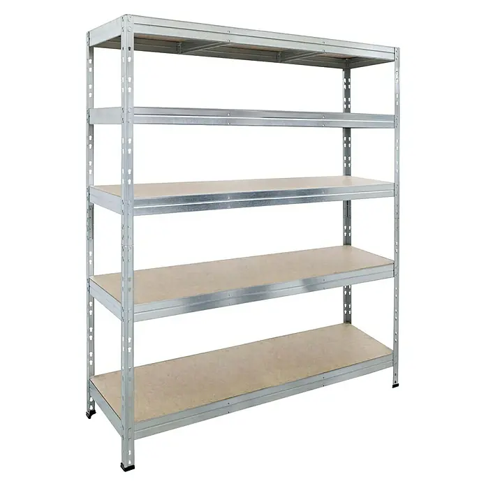 AR Shelving Schwerlastregal Rivet - H x B x T: 180 x 150 x 45 cm, Traglast pro Boden: 250 kg, Anzahl Böden: 5 Stk., Stecken, Silber - Auf dem Bild ist ein graues Metallregal mit fünf Holzböden zu sehen. Das Schwerlastregal ist ideal für Lager und Keller.