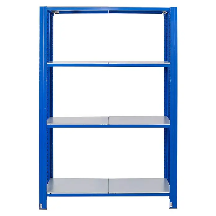 AR Shelving Metallregal T-Profil Grundelement - H x B x T: 200 x 120 x 50 cm, Traglast pro Boden: 250 kg, Anzahl Böden: 4 Stk., Stecken, Blau - Abbildung eines blauen Metallregals mit vier Regalböden. Ideal für Lagerung, Organisation und als vielseitige Aufbewahrungslösung.