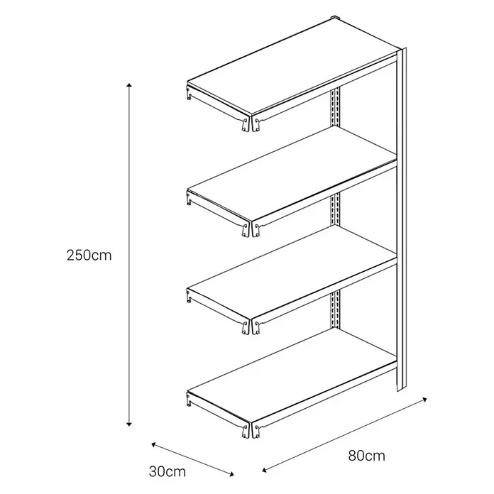 AR Shelving Metallregal T-Profil Anbauelement - H x B x T: 250 x 80 x 30 cm, Traglast pro Boden: 250 kg, Anzahl Böden: 4 Stk., Stecken, Blau - Regal mit vier Ebenen und den Maßen 250cm Höhe, 80cm Breite und 30cm Tiefe zur Warenpräsentation.\n