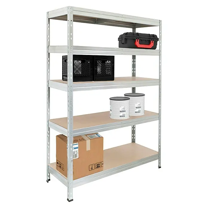 AR Shelving Schwerlastregal Rivet - H x B x T: 180 x 120 x 60 cm, Traglast pro Boden: 250 kg, Anzahl Böden: 5 Stk., Stecken, Silber - Das Bild zeigt ein silbernes Regal mit fünf Böden, beladen mit Boxen, Kisten und Dosen. Das Regal steht auf einem dunklen Untergrund.