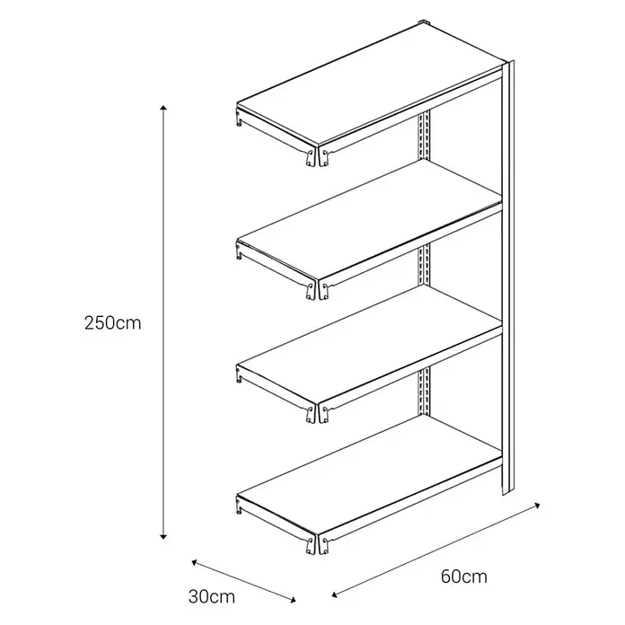 AR Shelving Metallregal T-Profil Anbauelement - H x B x T: 250 x 60 x 30 cm, Traglast pro Boden: 250 kg, Anzahl Böden: 4 Stk., Stecken, Blau - Regaleinheit mit vier Ablagen und den Maßen 250 cm Höhe, 30 cm Tiefe und 60 cm Breite. Ideal für Laden oder Lager.