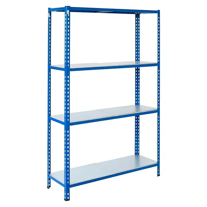 AR Shelving Metallregal - H x B x T: 250 x 120 x 40 cm, Traglast pro Boden: 180 kg, Anzahl Böden: 4 Stk., Stecken, Blau - Dieses Bild zeigt ein blaues Metallregal mit vier weißen Einlegeböden. Es eignet sich hervorragend für die Lagerung in Garage oder Keller.