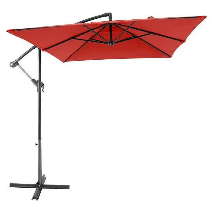 Sunfun Ampelschirm Toscana - Chili, Bespannungsmaß (L x B): 200 x 250 cm - Ein roter, rechteckiger Sonnenschirm mit einem robusten, anthrazitfarbenen Ständer, ideal für den Außenbereich, bietet Schatten und Stil.