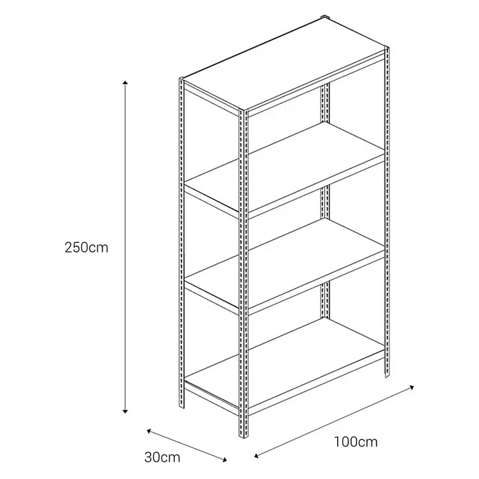 AR Shelving Metallregal - H x B x T: 250 x 100 x 30 cm, Traglast pro Boden: 180 kg, Anzahl Böden: 4 Stk., Stecken, Blau - Abbildung eines Regals mit vier Fächern und den Maßen 250 cm Höhe, 30 cm Tiefe und 100 cm Breite.