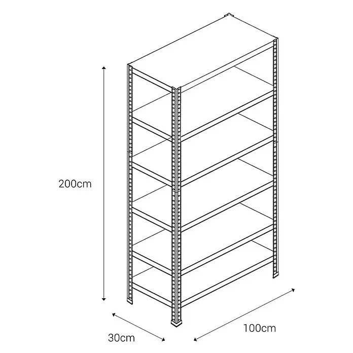 AR Shelving Metallregal - H x B x T: 200 x 100 x 30 cm, Traglast pro Boden: 100 kg, Anzahl Böden: 6 Stk., Schrauben, Silber - Abbildung eines Regalsystems mit fünf Ebenen, 200 cm hoch, 100 cm breit und 30 cm tief.