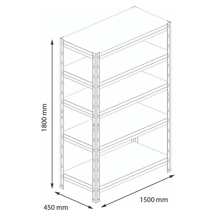 AR Shelving Schwerlastregal Rivet - H x B x T: 180 x 150 x 45 cm, Traglast pro Boden: 250 kg, Anzahl Böden: 5 Stk., Stecken, Silber - Detaillierte Schemazeichnung eines Regalsystems mit fünf Ebenen, bemaßt mit 1800mm Höhe, 1500mm Breite und 450mm Tiefe.
