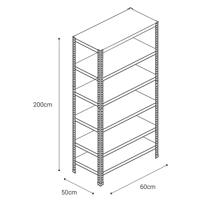 AR Shelving Metallregal - H x B x T: 200 x 60 x 50 cm, Traglast pro Boden: 100 kg, Anzahl Böden: 6 Stk., Schrauben, Silber - Abbildung eines schwarzen Metallregals mit fünf Regalböden und einer Höhe von 200cm, einer Breite von 60cm und einer Tiefe von 50cm.