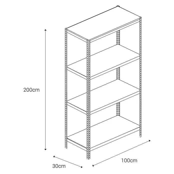 AR Shelving Metallregal - H x B x T: 200 x 100 x 30 cm, Traglast pro Boden: 180 kg, Anzahl Böden: 4 Stk., Stecken, Blau - Abbildung eines Regalsystems mit vier Ebenen und den Maßen 200cm Höhe, 100cm Breite und 30cm Tiefe.