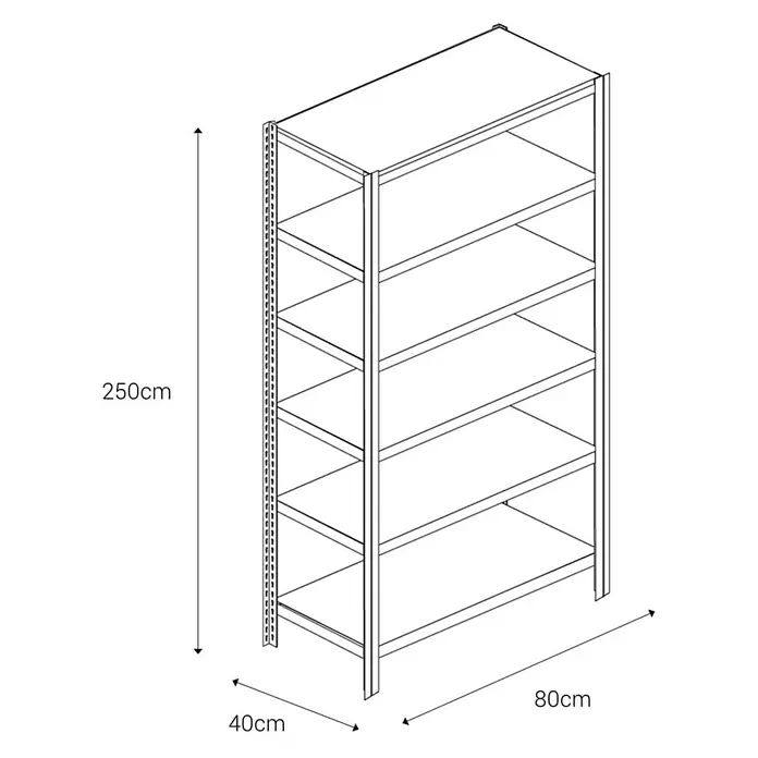 AR Shelving Metallregal T-Profil Grundelement - H x B x T: 250 x 80 x 40 cm, Traglast pro Boden: 250 kg, Anzahl Böden: 6 Stk., Stecken, Blau - Abbildung eines Regalsystems mit fünf Ebenen und den Maßen 250x80x40 cm. Ideal für Lagerung und Organisation.