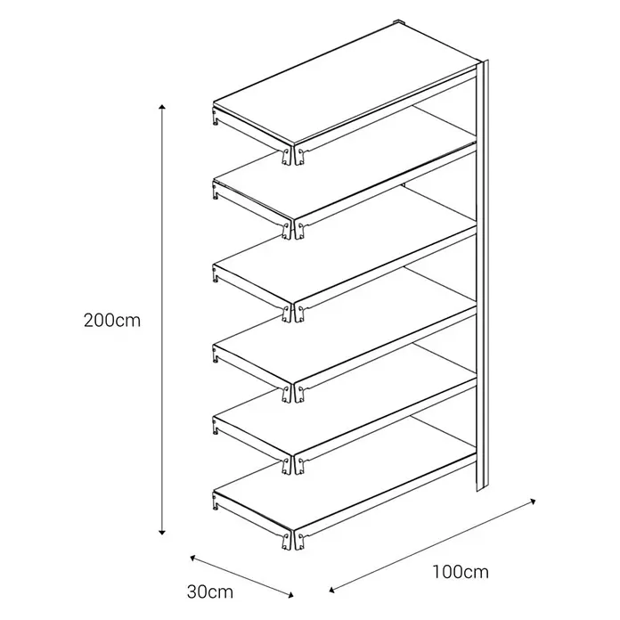 AR Shelving Metallregal T-Profil Anbauelement - H x B x T: 200 x 100 x 30 cm, Traglast pro Boden: 250 kg, Anzahl Böden: 6 Stk., Stecken, Blau - Abbildung eines Regalsystems mit fünf Ablagen und den Maßen 200 cm Höhe, 100 cm Breite und 30 cm Tiefe.