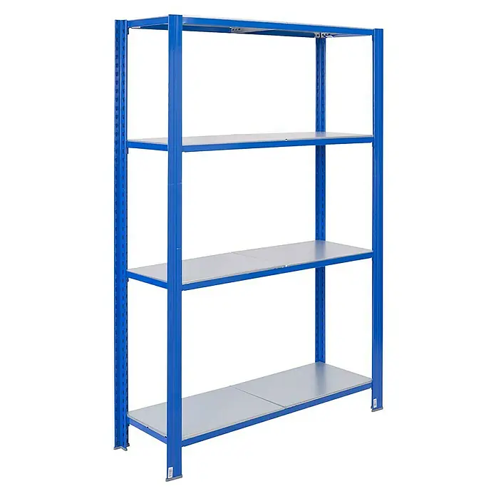 AR Shelving Metallregal T-Profil Grundelement - H x B x T: 200 x 120 x 50 cm, Traglast pro Boden: 250 kg, Anzahl Böden: 4 Stk., Stecken, Blau - Abbildung eines blauen Metallregals mit vier Regalböden. Es ist eine robuste und praktische Lösung für Lagerzwecke.