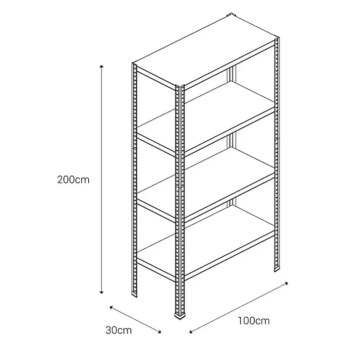 AR Shelving Metallregal - H x B x T: 200 x 100 x 30 cm, Traglast pro Boden: 100 kg, Anzahl Böden: 4 Stk., Schrauben, Silber - Produktabbildung eines Regal-Systems mit vier Ablageflächen und einer Höhe von 200cm, einer Breite von 100cm und einer Tiefe von 30cm.