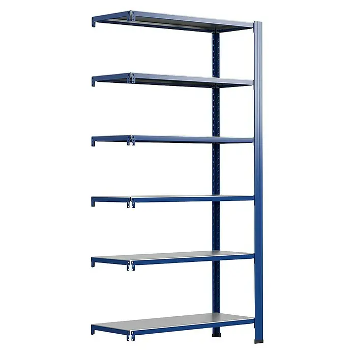 AR Shelving Metallregal T-Profil Anbauelement - H x B x T: 250 x 80 x 40 cm, Traglast pro Boden: 250 kg, Anzahl Böden: 6 Stk., Stecken, Blau - Regal mit blauem Rahmen und grauen Regalböden für Lagerung. Das Regal ist stabil und bietet viel Stauraum.