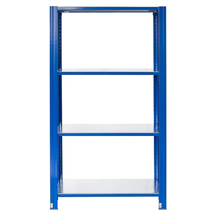 AR Shelving Metallregal T-Profil Grundelement - H x B x T: 250 x 100 x 30 cm, Traglast pro Boden: 250 kg, Anzahl Böden: 4 Stk., Stecken, Blau - Blaues Metallregal mit vier weißen Einlegeböden. Das Regal ist stabil und bietet viel Stauraum für diverse Gegenstände.