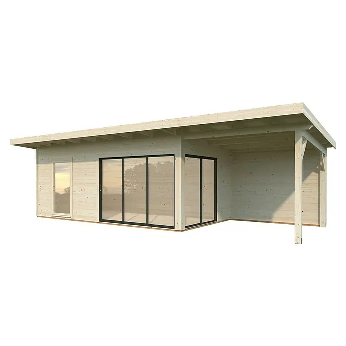 Palmako Gartenhaus Andrea Slide - Außenmaß inkl. Dachüberstand (B x T): 920 x 402 cm, Unbehandeltes Holz, Natur - Ein modernes Holzgartenhaus mit großen Glasschiebetüren und überdachtem Terrassenbereich, ideal für Entspannung im Freien und als stilvoller Rückzugsort.