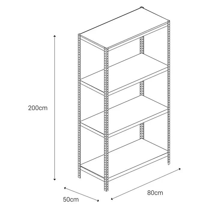 AR Shelving Metallregal - H x B x T: 200 x 80 x 50 cm, Traglast pro Boden: 180 kg, Anzahl Böden: 4 Stk., Stecken, Blau - Abbildung eines Regals mit vier Ablagen und den Maßen 200cm Höhe, 80cm Breite und 50cm Tiefe.