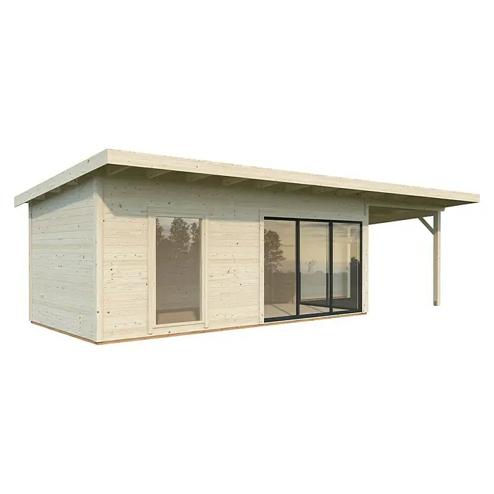 Palmako Gartenhaus Andrea Slide - Außenmaß inkl. Dachüberstand (B x T): 920 x 402 cm, Unbehandeltes Holz, Natur - Ein helles Holzhaus mit einem flachen Dach, großen Fenstern und einer überdachten Terrasse, das ein modernes und einladendes Ambiente schafft.