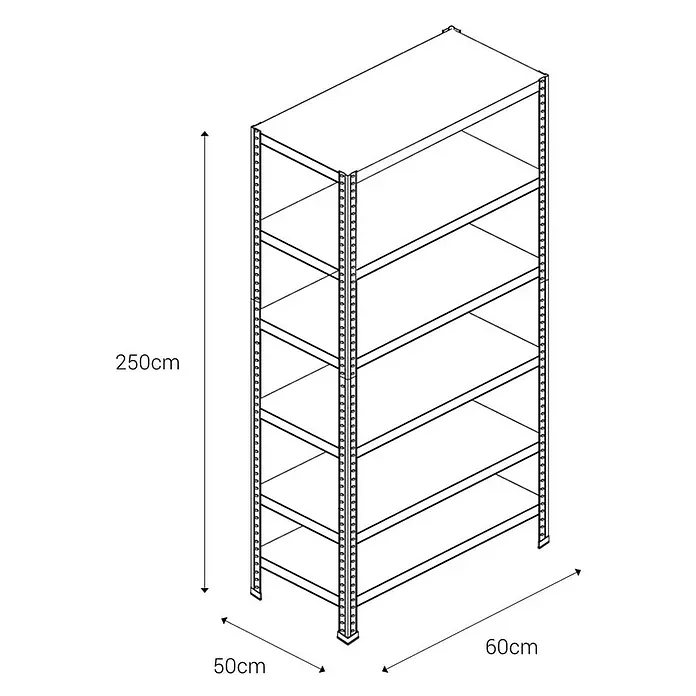 AR Shelving Metallregal - H x B x T: 250 x 60 x 50 cm, Traglast pro Boden: 100 kg, Anzahl Böden: 6 Stk., Schrauben, Silber - Abbildung eines Regals mit fünf Ebenen, mit den Maßen 250 cm Höhe, 50 cm Breite und 60 cm Tiefe.
