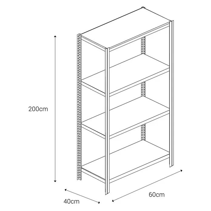 AR Shelving Metallregal T-Profil Grundelement - H x B x T: 200 x 60 x 40 cm, Traglast pro Boden: 250 kg, Anzahl Böden: 4 Stk., Stecken, Blau - Darstellung eines Regals mit 4 Ebenen. Die Maße sind 200cm Höhe, 60cm Breite und 40cm Tiefe. Praktisch und vielseitig!