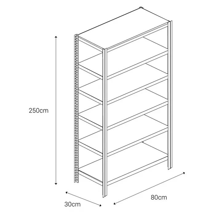 AR Shelving Metallregal T-Profil Grundelement - H x B x T: 250 x 80 x 30 cm, Traglast pro Boden: 250 kg, Anzahl Böden: 6 Stk., Stecken, Blau - Regal mit fünf Ablagen und den Maßen 250cm Höhe, 80cm Breite und 30cm Tiefe.