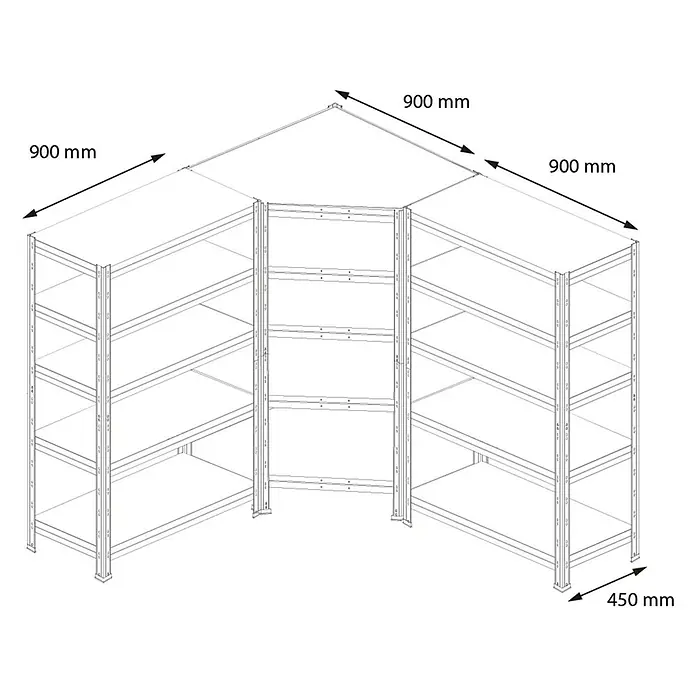AR Shelving Schwerlastregal Rivet - H x B x T: 180 x 180 x 45 cm, Traglast pro Boden: 175 kg, Anzahl Böden: 15 Stk., Stecken, Silber - Metallregalsystem mit Eckkonfiguration und Maßangaben. Ideal für Lagerung und Organisation mit robustem Design.