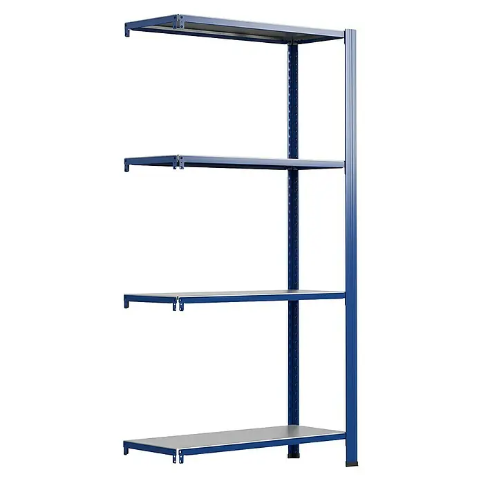 AR Shelving Metallregal T-Profil Anbauelement - H x B x T: 250 x 120 x 50 cm, Traglast pro Boden: 250 kg, Anzahl Böden: 4 Stk., Stecken, Blau - Das Bild zeigt ein blaues Regal mit vier Ebenen und einem schlichten Design, ideal für Lagerung und Organisation.