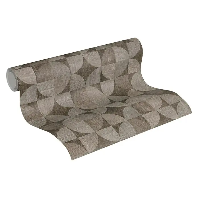 A.S. Création Metropolitan Stories Vliestapete Holzdesign - Grau/Braun, Holzoptik, 10,05 x 0,53 m - Rolle geometrischer Vliestapete mit einem Muster aus braunen Kreisen und Viertelkreisen, die eine stilvolle Wandgestaltung ermöglicht.
