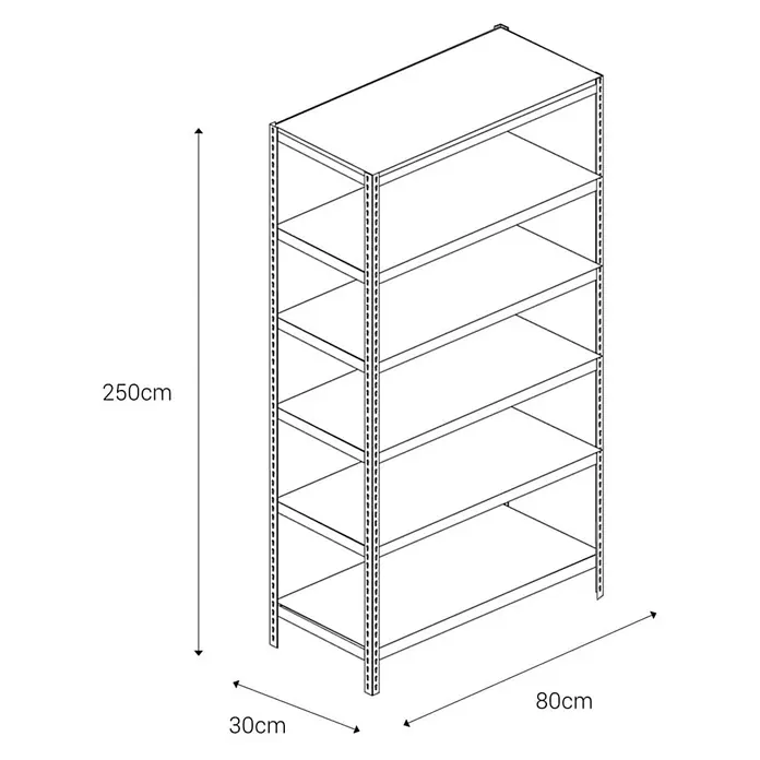 AR Shelving Metallregal - H x B x T: 250 x 80 x 30 cm, Traglast pro Boden: 180 kg, Anzahl Böden: 6 Stk., Stecken, Blau - Skizze eines Regals mit fünf Fächern und den Maßen 250cm Höhe, 80cm Breite und 30cm Tiefe.