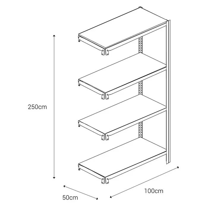 AR Shelving Metallregal T-Profil Anbauelement - H x B x T: 250 x 100 x 50 cm, Traglast pro Boden: 250 kg, Anzahl Böden: 4 Stk., Stecken, Blau - Abbildung eines Regalsystems mit vier Ebenen und den Maßen 250 cm Höhe, 100 cm Breite und 50 cm Tiefe zur optimalen Raumausnutzung.