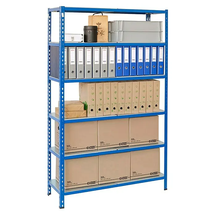 AR Shelving Metallregal - H x B x T: 250 x 120 x 30 cm, Traglast pro Boden: 180 kg, Anzahl Böden: 6 Stk., Stecken, Blau - Ein blaues Regal mit Aktenordnern, Kartons und Aufbewahrungsboxen, ideal für Büro oder Lager.