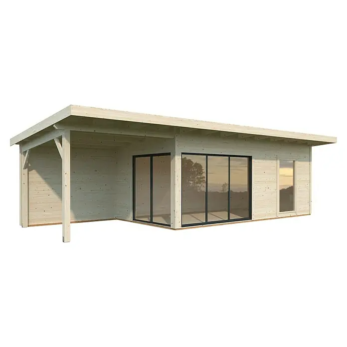 Palmako Gartenhaus Andrea Slide - Außenmaß inkl. Dachüberstand (B x T): 920 x 402 cm, Unbehandeltes Holz, Natur - Ein helles Holzgartenhaus mit großen Fenstern und überdachtem Eingangsbereich bietet viel Platz und ein modernes Design für Ihren Garten.