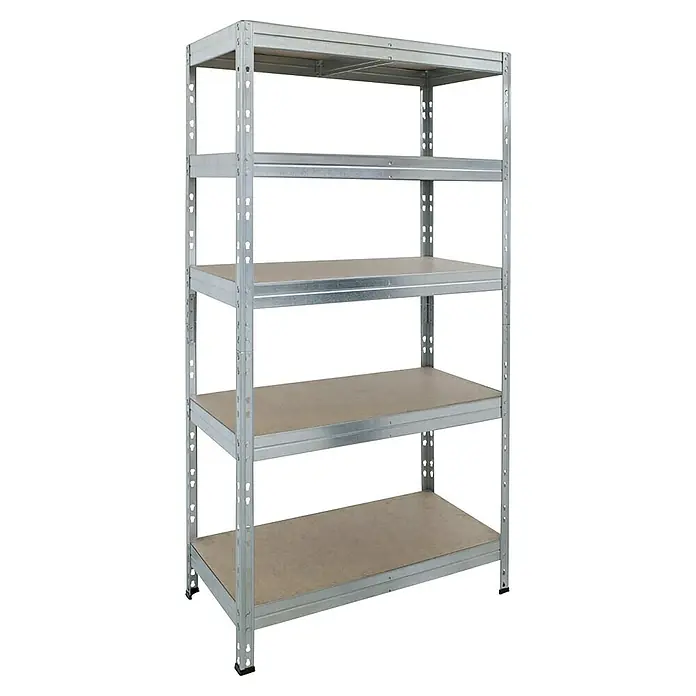 AR Shelving Schwerlastregal Rivet - H x B x T: 180 x 90 x 60 cm, Traglast pro Boden: 250 kg, Anzahl Böden: 5 Stk., Stecken, Silber - Ein graues Metallregal mit fünf Regalböden bietet viel Stauraum für verschiedene Gegenstände. Ideal für Lager, Keller oder Garage.