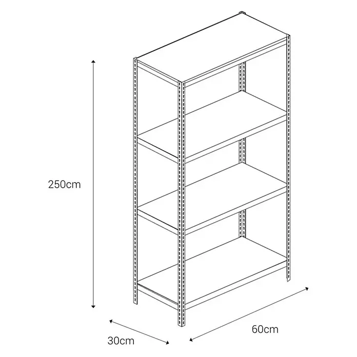AR Shelving MetallregalH x B x T: 250 x 60 x 30 cm, Traglast pro Boden: 180 kg, Anzahl Böden: 4 Stk., Stecken, Blau - Skizze