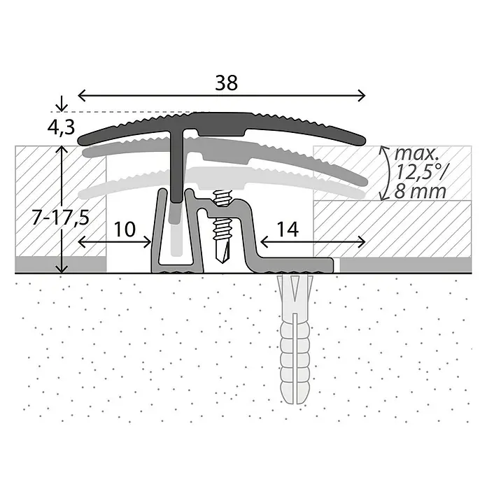 LOGOCLIC Übergangsprofil 401 - Sahara, 0,9 m x 38 mm, Montageart: Schrauben - Schematische Darstellung eines Übergangsprofils mit Maßangaben. Das Profil ist für Bodenbeläge unterschiedlicher Höhen geeignet.