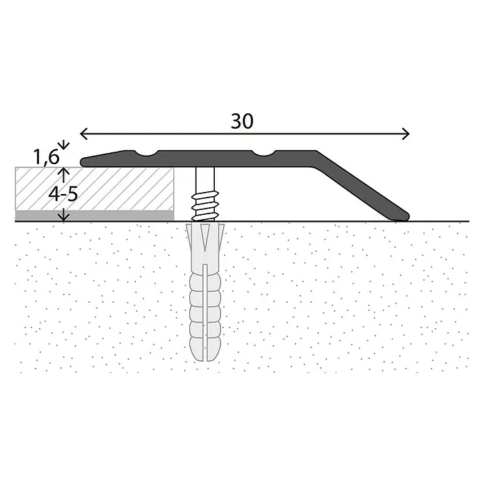 LOGOCLIC Abschlussprofil 145 - Edelstahl matt, 1 m x 30 mm, Montageart: Schrauben - Schematische Darstellung eines Übergangsprofils mit Maßangaben und Montage.