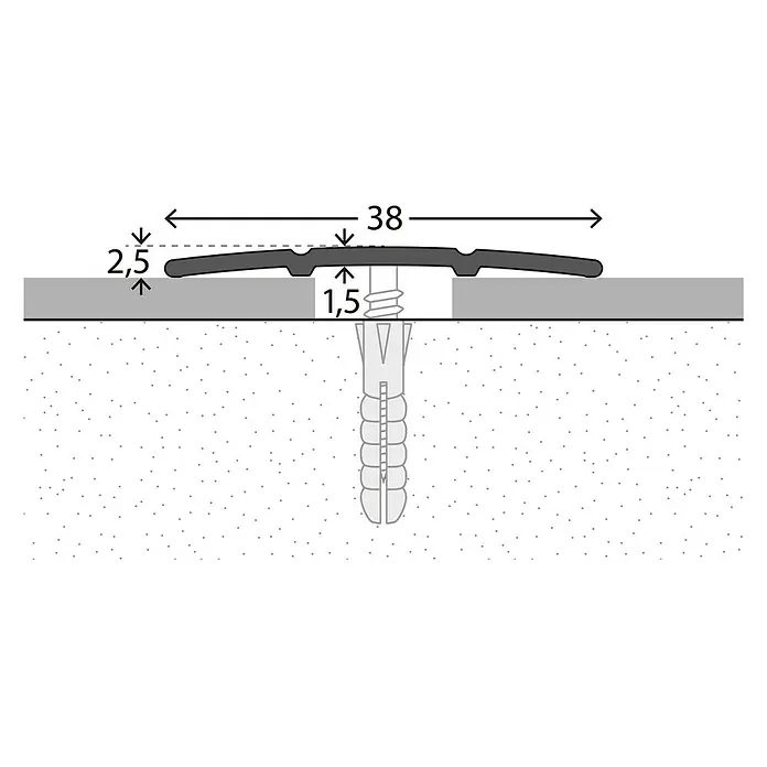 LOGOCLIC Übergangsprofil 132 - Edelstahl matt, 1 m x 38 mm x 2,5 mm, Montageart: Schrauben - Abbildung eines Übergangsprofils mit sichtbaren Maßen, das eine nahtlose Verbindung zwischen zwei Bodenbelägen gewährleistet.\n