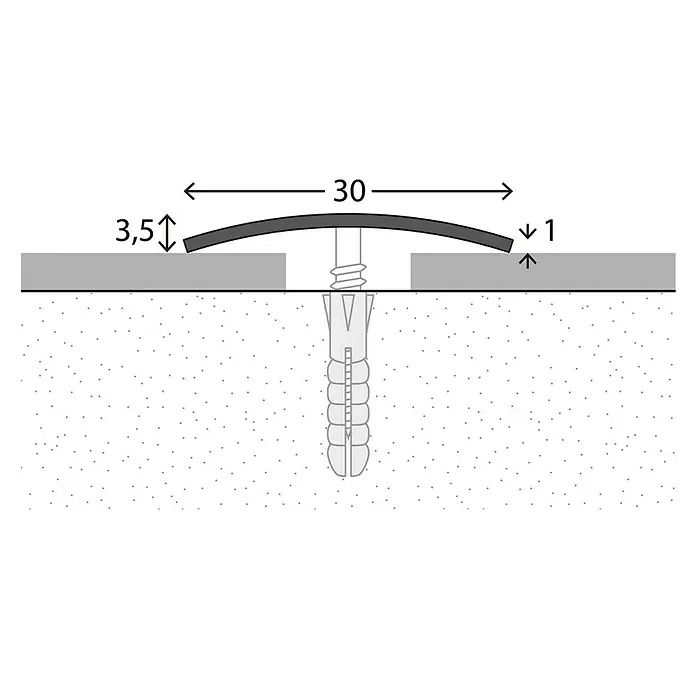 LOGOCLIC Übergangsprofil 124 - 1 m x 30 mm, Montageart: Schrauben - Darstellung eines Übergangsprofils mit Schraubbefestigung. Das Profil ist 30 mm breit, die Höhe beträgt 3,5 mm bzw. 1 mm.