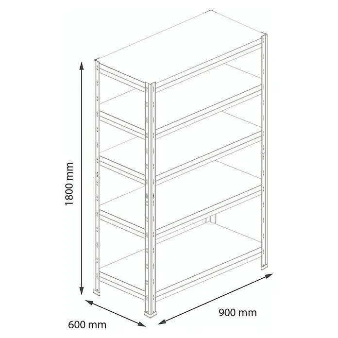 AR Shelving Schwerlastregal Rivet - H x B x T: 180 x 90 x 60 cm, Traglast pro Boden: 250 kg, Anzahl Böden: 5 Stk., Stecken, Silber - Abbildung eines Regalsystems mit vier Regalböden, das 1800 mm hoch, 600 mm breit und 900 mm tief ist.