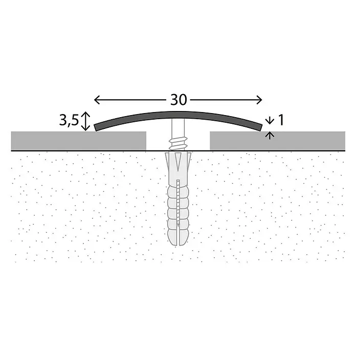 LOGOCLIC Übergangsprofil 110 - Edelstahl glänzend, 1 m x 30 mm x 3,5 mm, Montageart: Schrauben, Mittig versenkt gelocht - Eine Abbildung eines Übergangsprofils mit den Maßen 30 mm Breite, 3,5 mm Höhe links und 1 mm Höhe rechts, befestigt mit Schraube.
