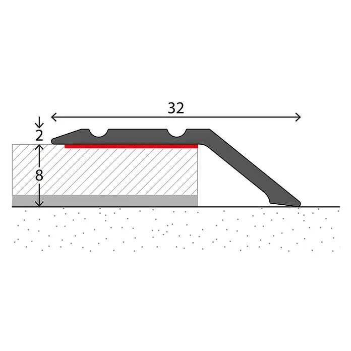 LOGOCLIC Abschlussprofil 146 - Sahara, 0,9 m x 32 mm, Montageart: Kleben - Profilansicht einer Rampe mit Höhenangaben. Die Rampe ermöglicht einen stufenlosen Übergang und ist 32 Einheiten breit.