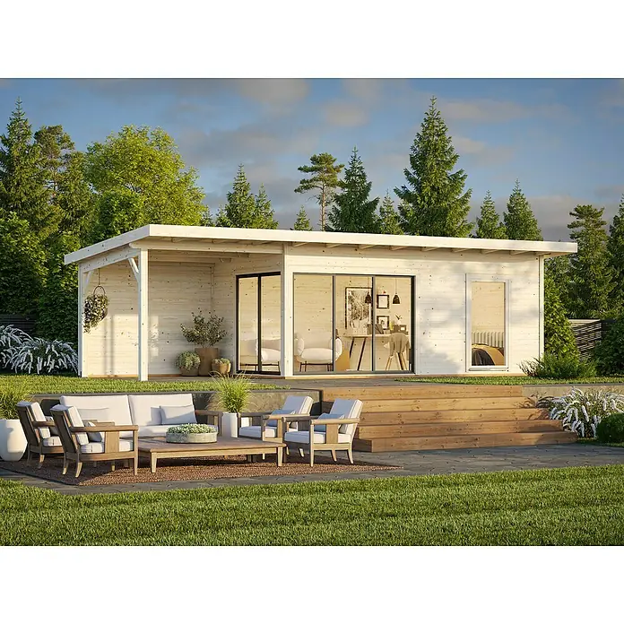 Palmako Gartenhaus Andrea Slide - Außenmaß inkl. Dachüberstand (B x T): 920 x 402 cm, Unbehandeltes Holz, Natur - Ansicht eines modernen Gartenhauses mit Terrasse und Sitzgelegenheiten, umgeben von grüner Natur.